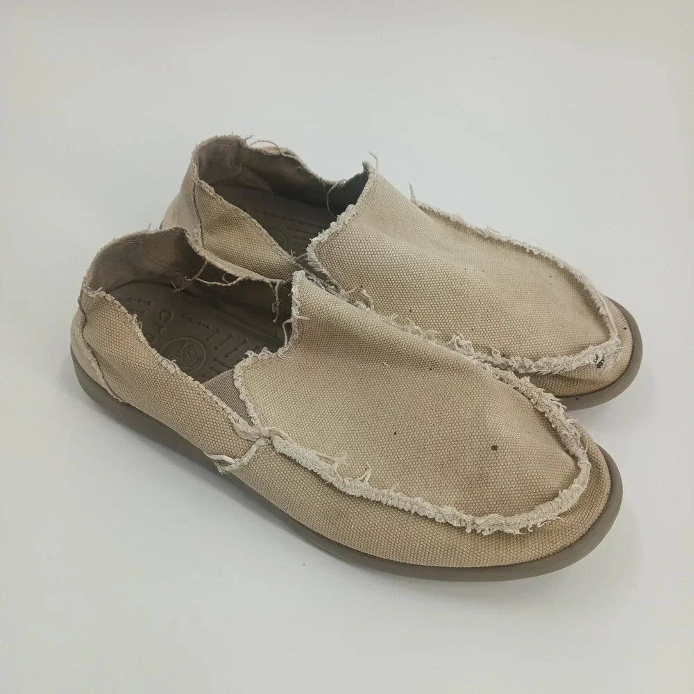 Crocs Santa Cruz Mens Khaki Tan Canvas Frayed Slip On Loafers Shoes Size 11